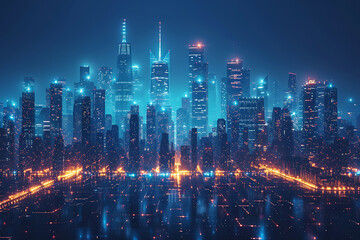 Obraz premium Futuristic city, silhouette logo in the wireframe style on a dark blue background