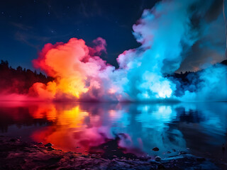 Vibrant and vividly colorful motion combination of Light, Smoke, and fluid in the glowing lake