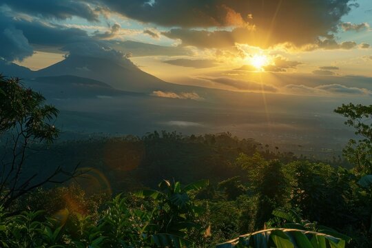 Beautiful sunrise over a tropical valley with a volcano in the background