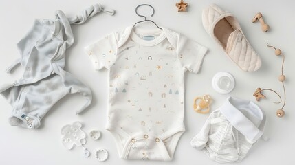 Flat lay with baby sleep accessories with pacifier pajamas and toys Newborn sleeping rules concept Onesie mockup : Generative AI