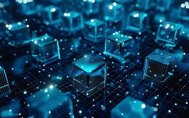 Circuit board with glowing cube and lines