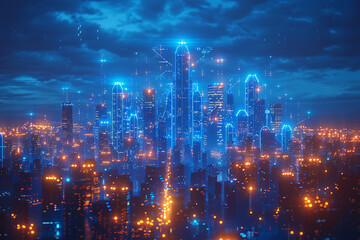 Futuristic city, silhouette logo in the wireframe style on a dark blue background