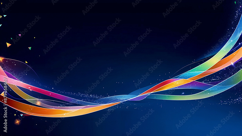 Poster abstract colored curved ribbons on a dark blue background with light effect and glitter with copy sp