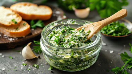 Fresh homemade garlic herb butter with dill and parsley in a glass bowl, served with toasted baguette slices