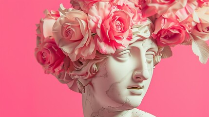 Female antique statues head with pink flowers roses in the cut isolated on a color background The beauty inside Trendy collage in magazine surreal style 3d contemporary art Modern desi : Generative AI