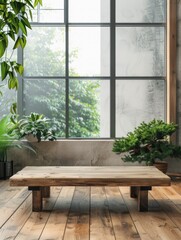 Fototapeta premium A wooden bench sits in front of a window, perfect for reading or relaxation