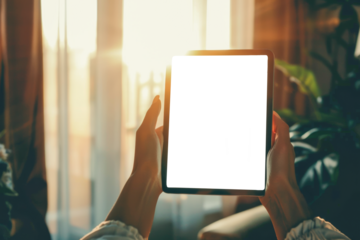 Hands holding a tablet with a blank screen, set against a backdrop of a cozy room with sunlight streaming in
