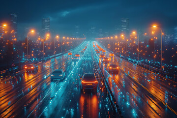 Obraz premium Futuristic highway with cars, silhouette logo in the wireframe style on a dark blue background