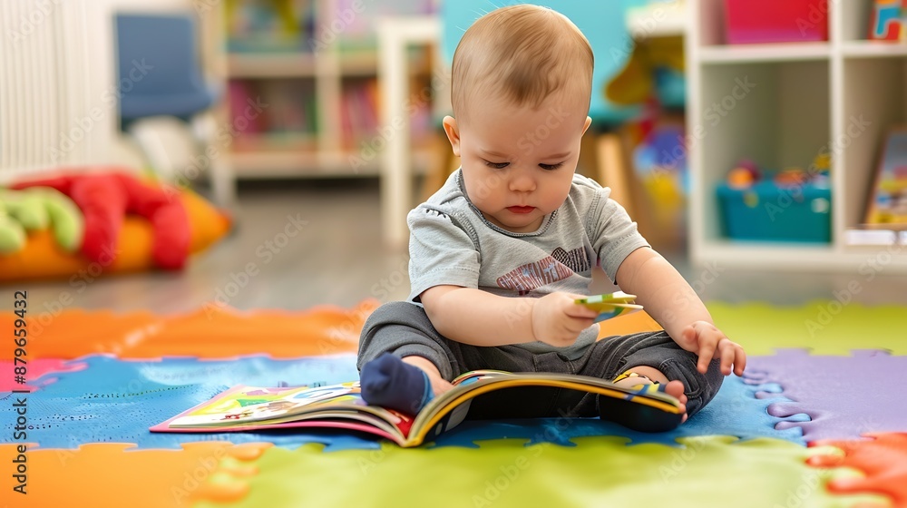 Poster infant sitting on a playmat and reading a coloful childrens book toddler boy enjoying a book at nurs