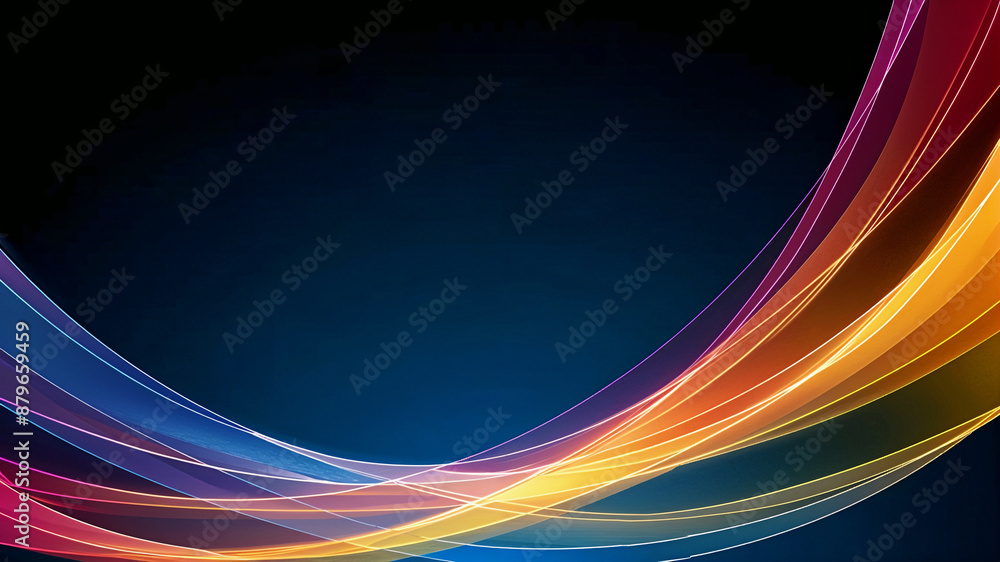 Poster abstract colored curved ribbons on a dark blue background with light effect and glitter with copy sp