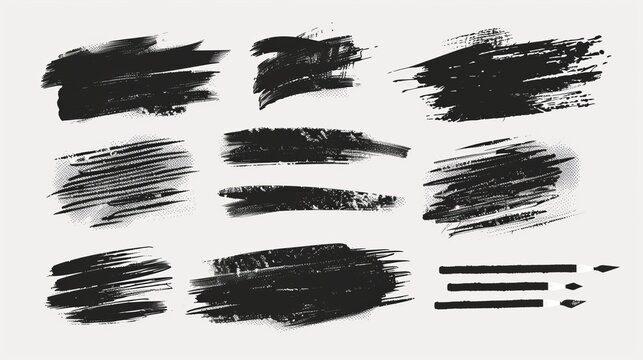 A collection of different black brush strokes and artistic tools, such as pencils and brushes, are displayed on a white canvas. The strokes vary in texture and width.