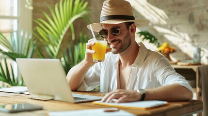 Funny office worker ready to go on summer holiday Happy smiling man in white shirt sun hat beach ring and sunglasses drinks orange juice sitting on desk with laptop and papers Annual l : Generative AI