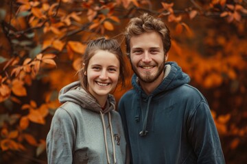 Fototapeta premium Portrait of a smiling caucasian couple in their 20s sporting a comfortable hoodie while standing against background of autumn leaves