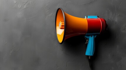 Colorful megaphone mounted on a dark textured wall