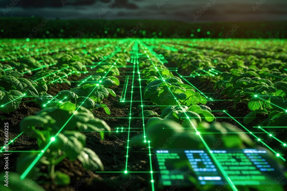 Poster advanced technology in agricultural field with digital grid and data display. precision farming, sma