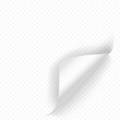 Curled corner of paper with shadows isolated on transparent background. Vector realistic paper edge, flipping book page 3d icon
