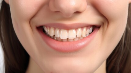 Obraz premium Perfect white teeth smile of a young woman The result of the teeth whitening procedure The image symbolizes oral care dentistry Closeup on a white background : Generative AI