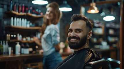 Fototapeta premium Smiling bearded Man portrait enjoying hairstyle hairdressing in Hair Salon by young hairdresser female Modern low light black style barber shop interior Haircare service small business : Generative AI