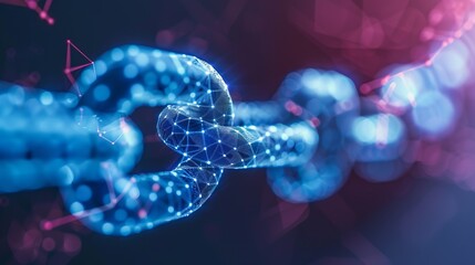Digital chain links featuring a combination of pink and blue neon lighting effects, representing data connectivity, strength, and modern technological advances.
