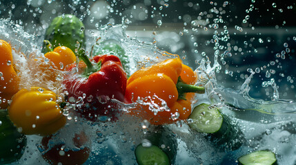 Colorful bell peppers and cucumbers splashing into water, dynamic and vibrant, food background