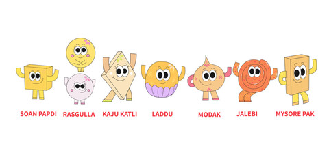 Sweets Of India, gifting sweets avatar cartoon style,vector isolated set,types of sweet set.  