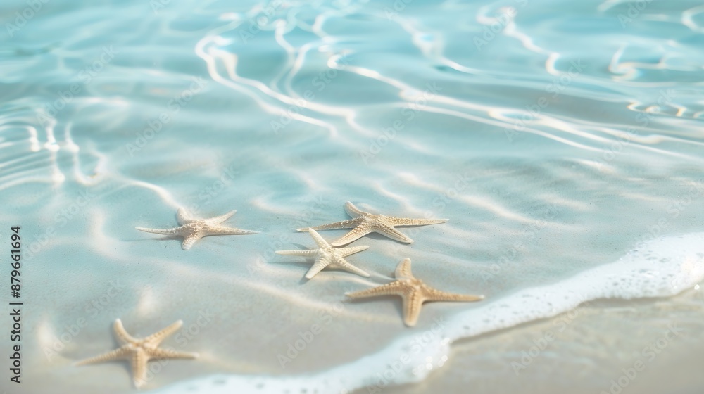Poster starfish on the sand beach in clear sea water summer background summer time copy space relaxing on t