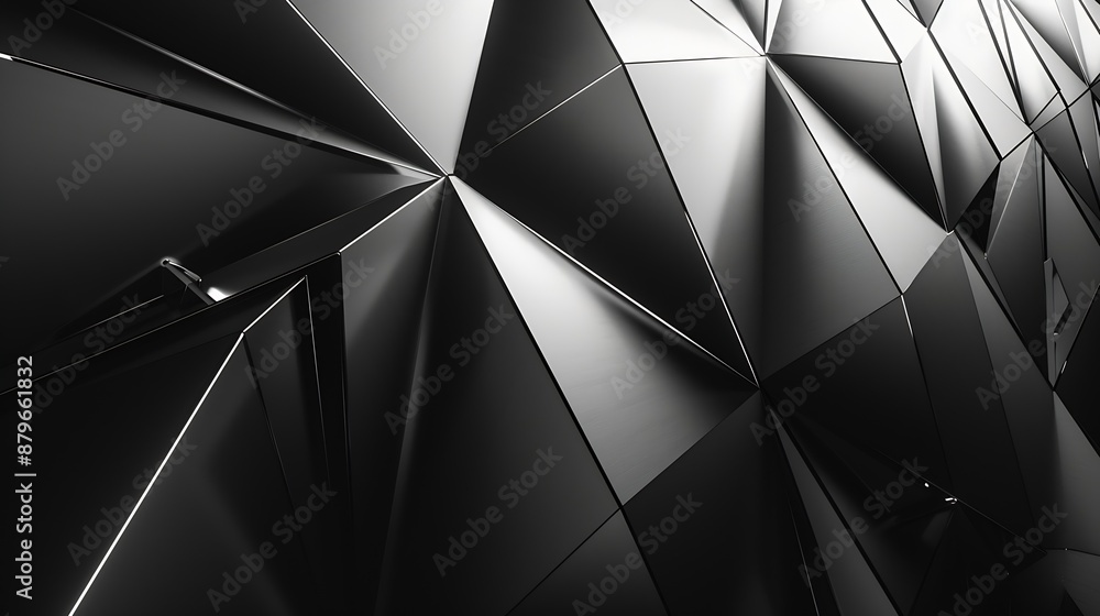 Leinwandbilder Black white abstract background Geometric shape Lines triangles 3d effect Light glow shadow Gradient Dark grey silver Modern futuristic : Generative AI