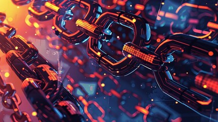 An artistic digital representation of interconnected chains with glowing red and orange links, reflecting the concept of blockchain security and digital network interconnections.