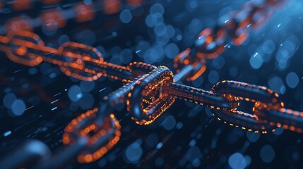 An intricate representation of interconnected glowing chains illuminated in an orange hue against a mesmerizing blue background, symbolizing blockchain technology.