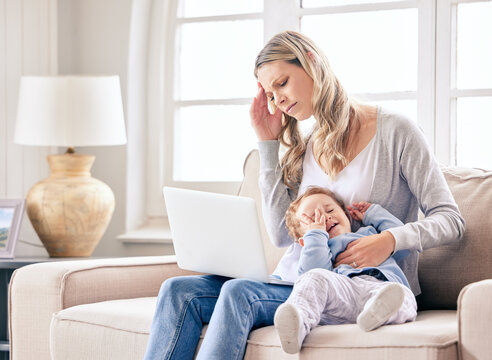 Crying baby, remote work and woman with headache, laptop and stress with workflow crisis, tantrum and pain. Apartment, freelancer and mother with infant, computer and overworked with busy schedule