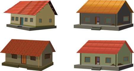 Indian style village house collection, hut collection for cartoon animation, tin shade house, cottage with thatched roof vector illustration, isolated on white background