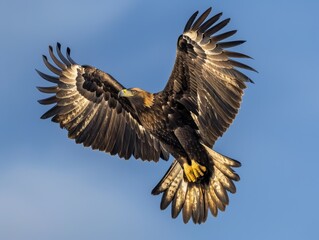 Obraz premium Full body shot of a golden eagle soaring in the sky, photographed from below with a wide-angle lens against a blue background in natural light.