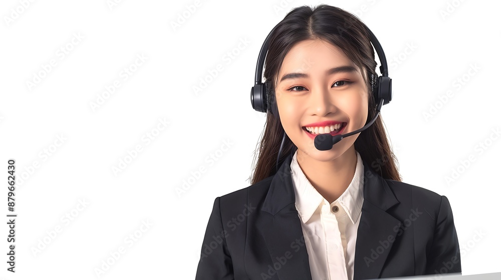 Poster Attractive asian female call center operator with happy smile face advertises job opportunity on empty space wearing a formal suit and headset on customizable isolated background Enthu : Generative AI