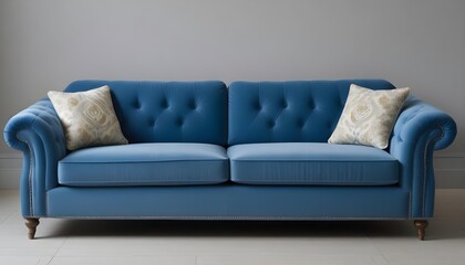 A classic, tufted blue chesterfield sofa with nailhead trim placed in a bright, airy sunlit room.