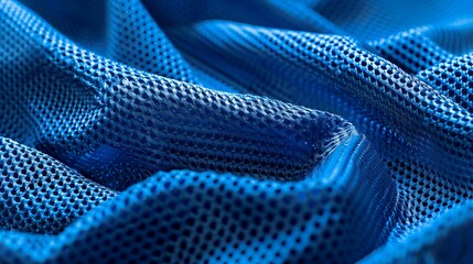Richly detailed image of blue mesh fabric showing its intricate patterns and textures, highlighted by an interplay of light that creates an abstract and appealing look.