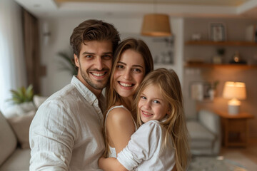 Fototapeta premium 43 Chic young family with model poses having fun in a sleek minimalist living room full body, studio lighting, a minimalist composition,