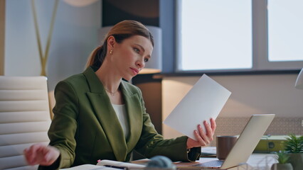 Office woman working papers at light workspace closeup. Manager study documents
