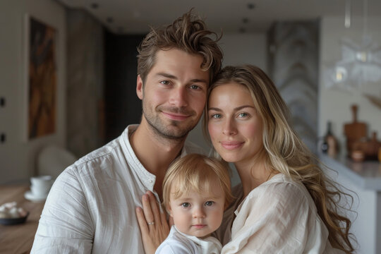 88 Stylish family posing in a sleek minimalist home full body, studio lighting, a minimalist composition,