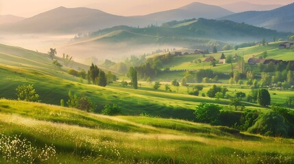 Fototapeta premium Vivid summer landscape of a rolling countryside on a sunny day Mountains in morning light Location place Carpathian mountains Ukraine Europe Vibrant photo wallpaper Discover the beauty : Generative AI