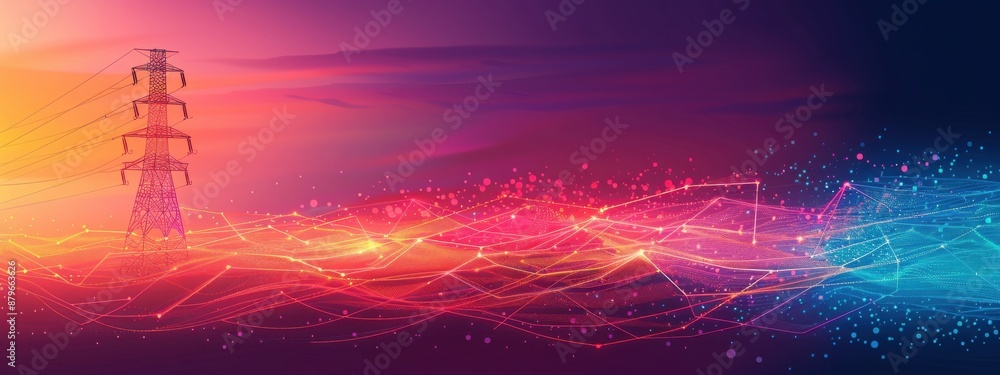 Poster visualization of a power grid as a structured network, with a focus on energy distribution and smart