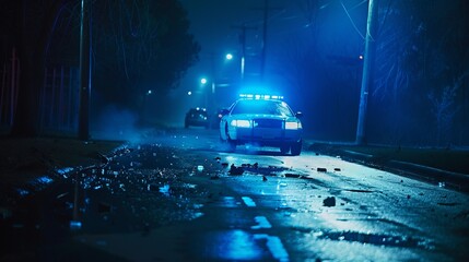 A police car with blue lights flashing in a dark street scattered with debris, capturing a tense moment of vigilance and urgency in a nighttime urban scene.