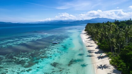 Fototapeta premium Aerial View of a Pristine Tropical Beach with Palm Trees and Turquoise Water south east asia philippines drone paradise landscape : Generative AI