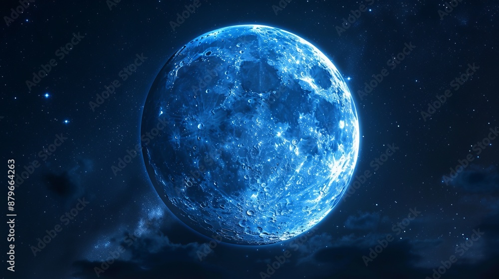 Wall mural a bright blue full moon shining luminously against a deep night sky, surrounded by twinkling stars, 