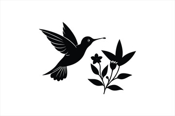 a minimalist Hummingbird Hovering Near Flowers silhouette black vector art illustration 