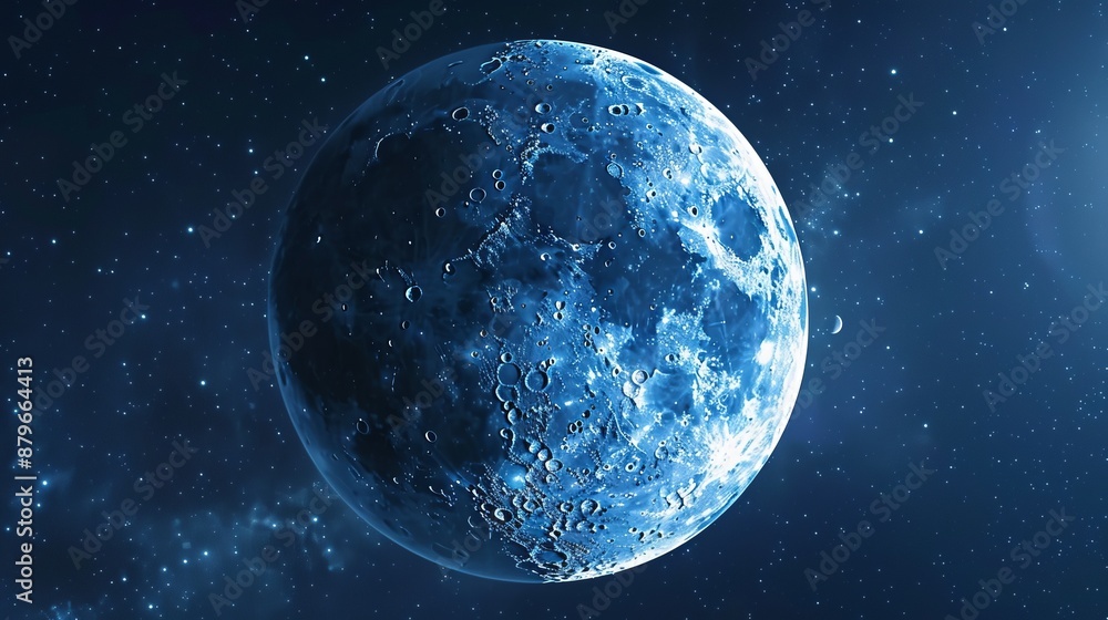 Wall mural a strikingly luminous blue moon with visible craters, set against a starry night sky, creating a cap