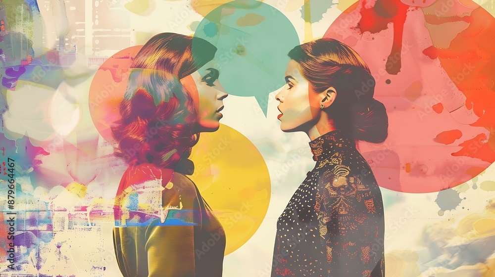Poster girlfriends contemporary art collage two women with color speech bubble copy space instead heads ove