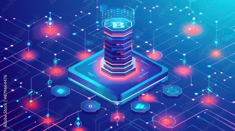 Poster web 3.0 nodes facilitating blockchain transactions, efficient and interconnected.