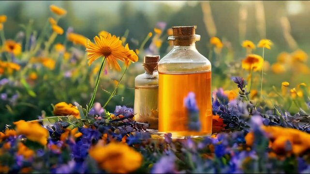 Lavender, chamomile, calendula, herbal infusions, natural cosmetic ingredients, still life skin care consept