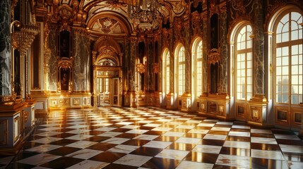 Fototapeta premium A room with a checkered floor and a chandelier, suitable for various uses such as interior design or photography sets