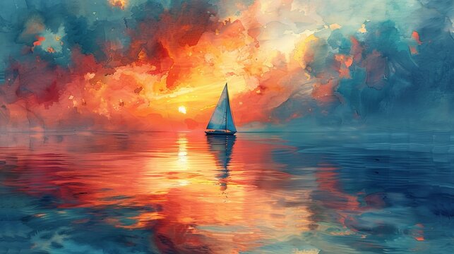 A sailboat with billowing sails cuts through a fiery orange sunset on a calm ocean